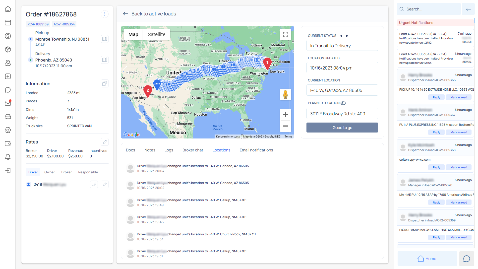 screenshot of Altek TMS for Dispatchers